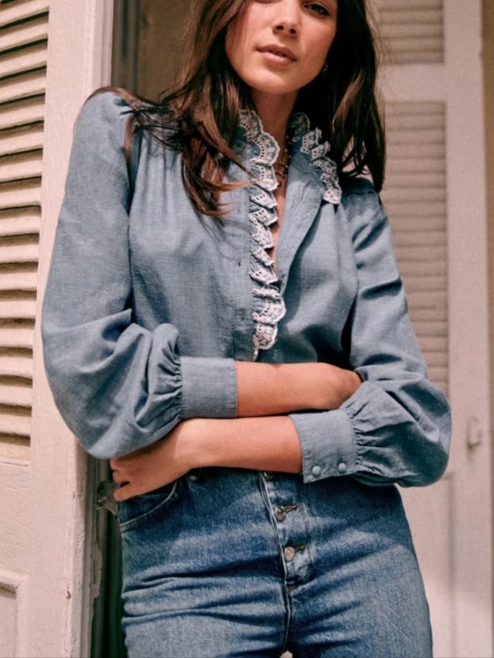 Sezane Chlo Shirt in Chambray Blue, Size 2, Embroidery Trim, French Romantic - Picture 2 of 11